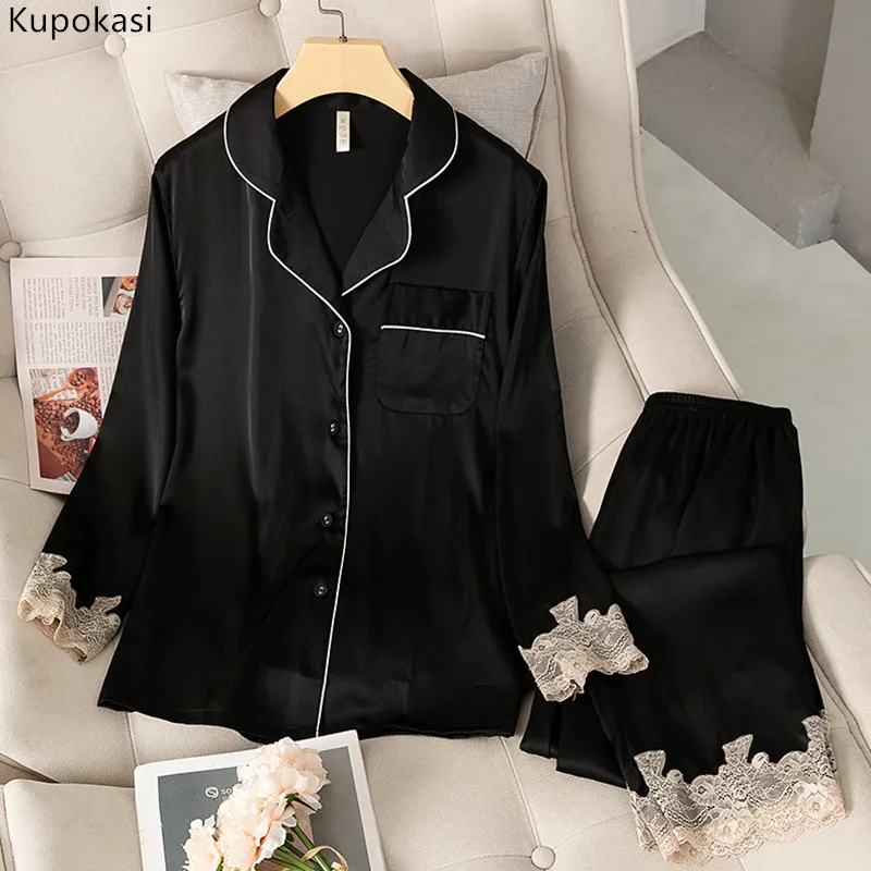 Kupokasi 2 Pcs Women's Pajamas Faux Silk Pijamas Casual Sleepwear Long Sleeve Elegant Pyjamas Set Elastic Waist Loung Wear