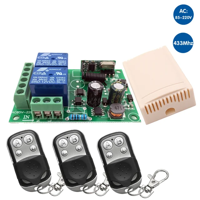 Universal Wireless Remote Control 433MHz AC220V 2CH RF Relay Receiver and Transmitter for Universal Garage door and gate Control 1RC 3B