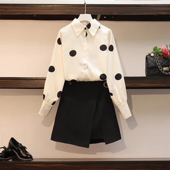 

HAMALIEL Plus Size Spring Women Dot Print Chiffon Turn Down Collar Shirt Two Piece Set And High Waist Black Short Skirts Suit