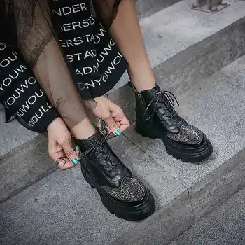 

Luxury brand new winter shoes women ankle boots cow leather shiny round toe thick bottom bling diamond-studded ankle boots mujer