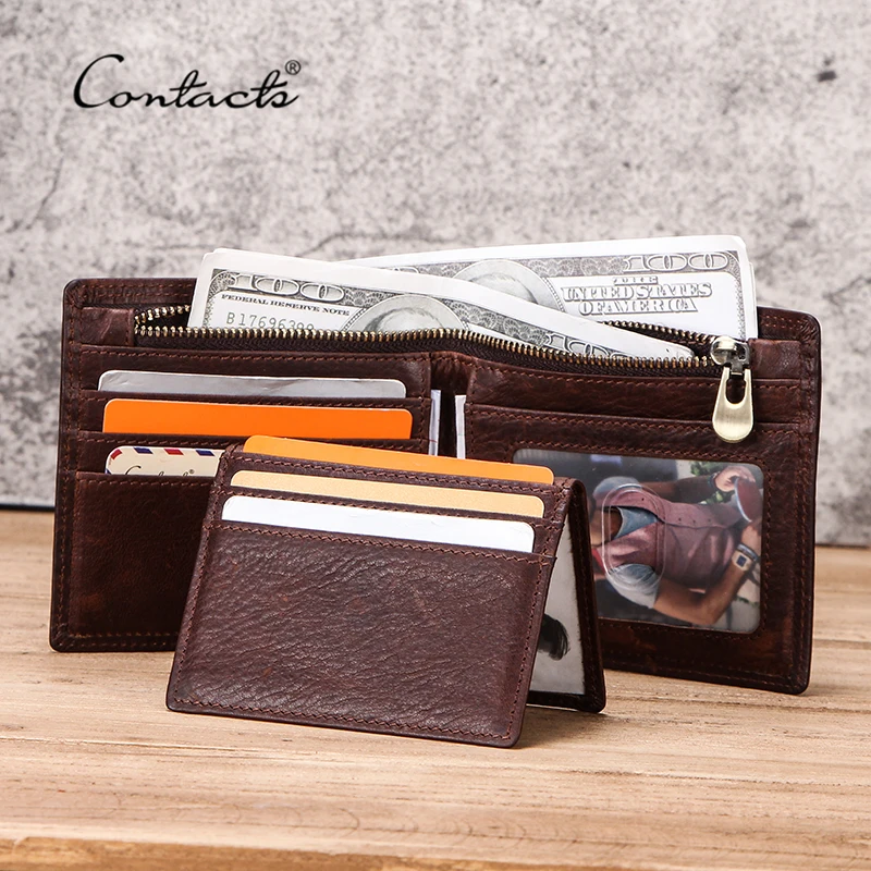 

CONTACT'S Crazy horse leather wen wallet with zipper coin pocket horizontal card holder male bifold purse slim vintage money bag