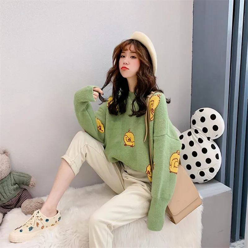 Avocado green sweater female head Korean version of the new cartoon long-sleeved cute outside wearing a sweater - Color: Green