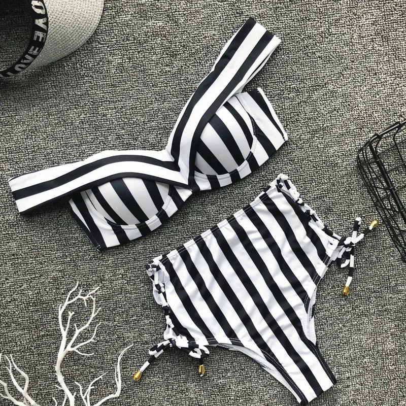 Striped Push Up High Waist Swimsuit