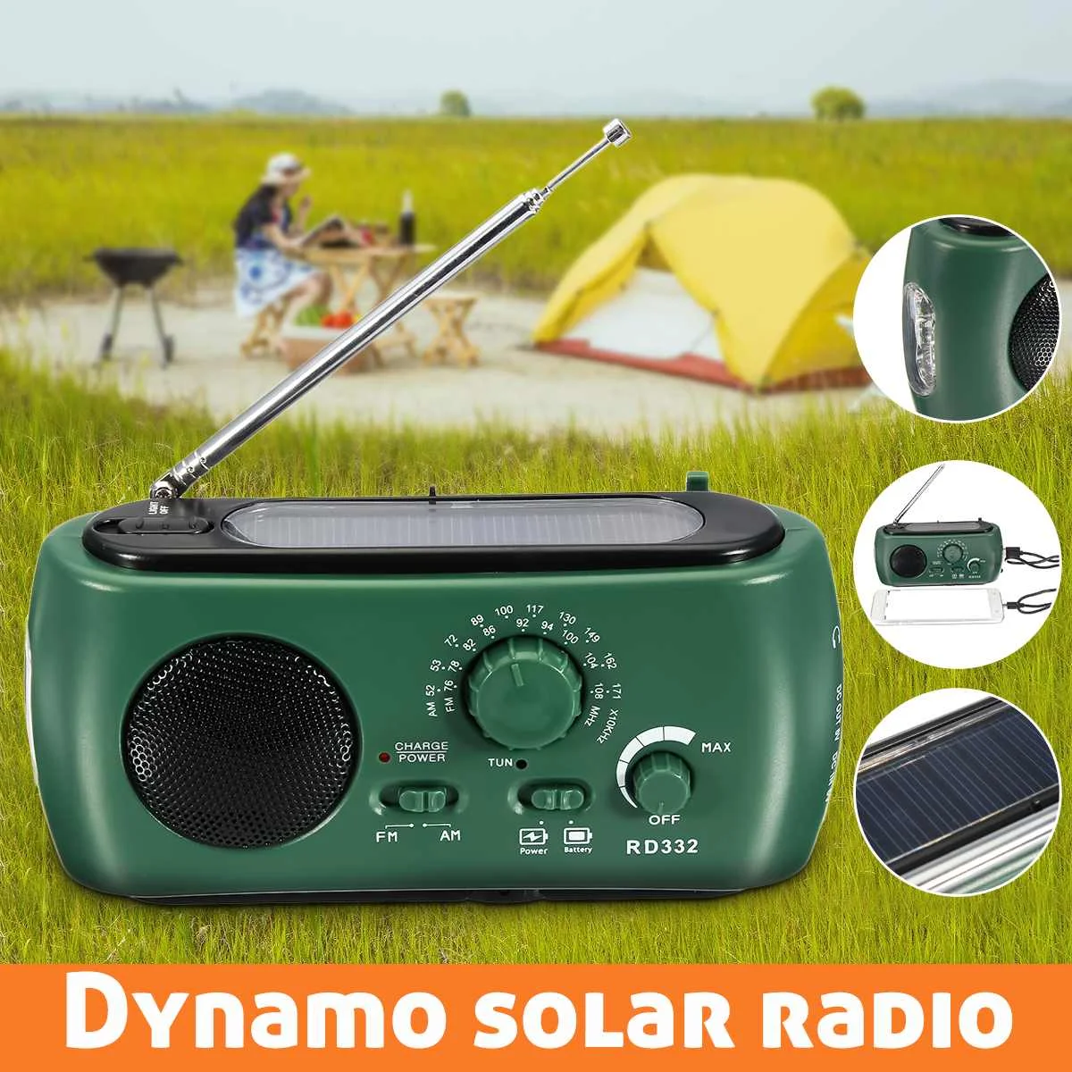 Emergency Portable Solar Crank AM/FM Weather Radio with LED Flashlight with Cell Charging Interface Can Charge for Phone