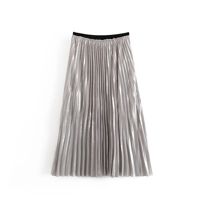 Женская стильная блестящая плиссированная юбка с эластичной талией, Европейский стиль, юбка миди, Женская шикарная элегантная базовая юбка