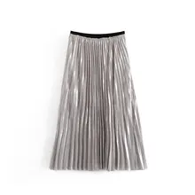 Женская стильная блестящая плиссированная юбка с эластичной талией, Европейский стиль, юбка миди, Женская шикарная элегантная базовая юбка