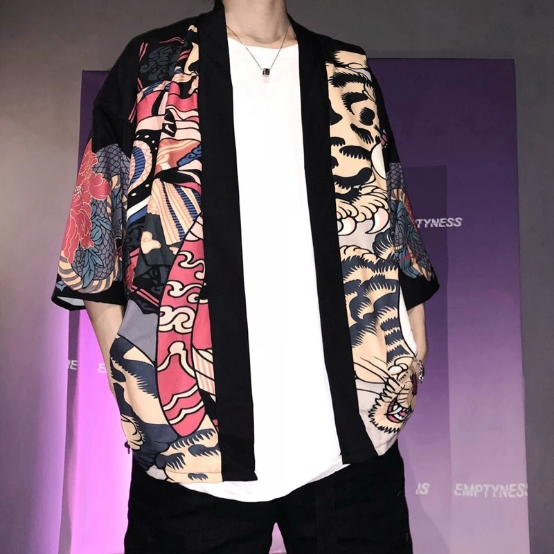 Kimono Men Japanese Kimono Traditional male kimono cardigan men harajuku streetwear samurai costume yukata male haori obi KK0001