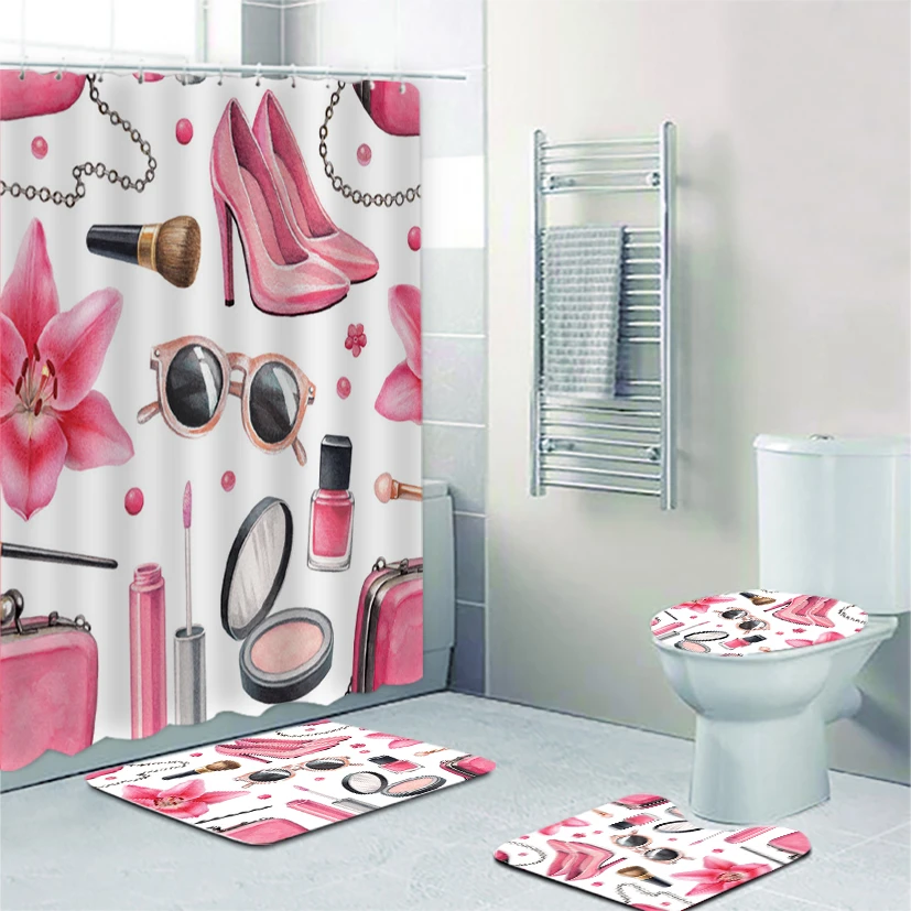 Girly Conjunto de cortina de ducha para baño y baño, Set maquillaje de barra de labios de tacón alto rosa, cortina para baño, para uñas, Alfombra de decoración|Cortinas de ducha| -
