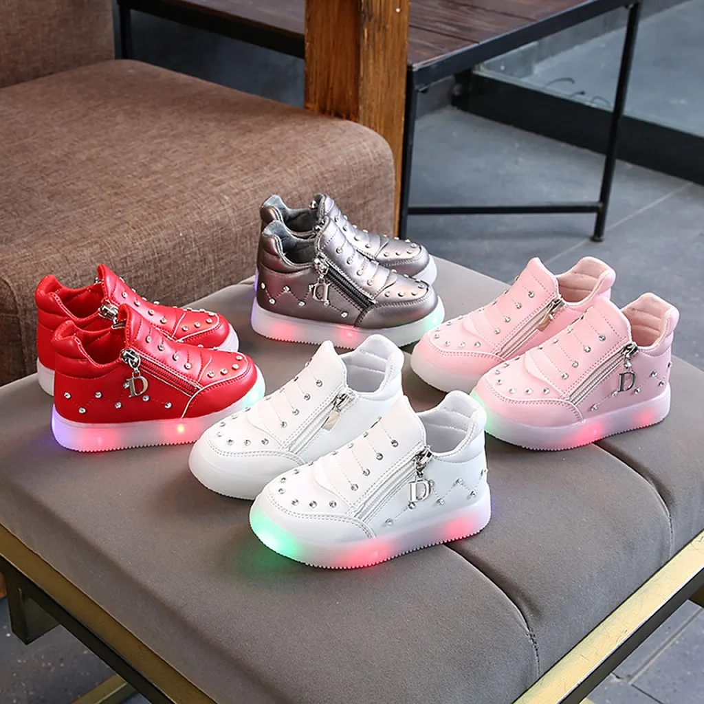 TELOTUNY обувь со светящимися светодиодами для девочек; обувь с кристаллами на молнии; Светодиодный светильник; Детский Светильник; обувь; светящиеся Детские кроссовки; 101