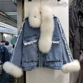 

2020 Winter Cowboy Cotton-padded Jean Coat Women Fox Fur Collar Ladies Coats Loose Plus Velvet Warm Denim Jecket Outwear Mujer