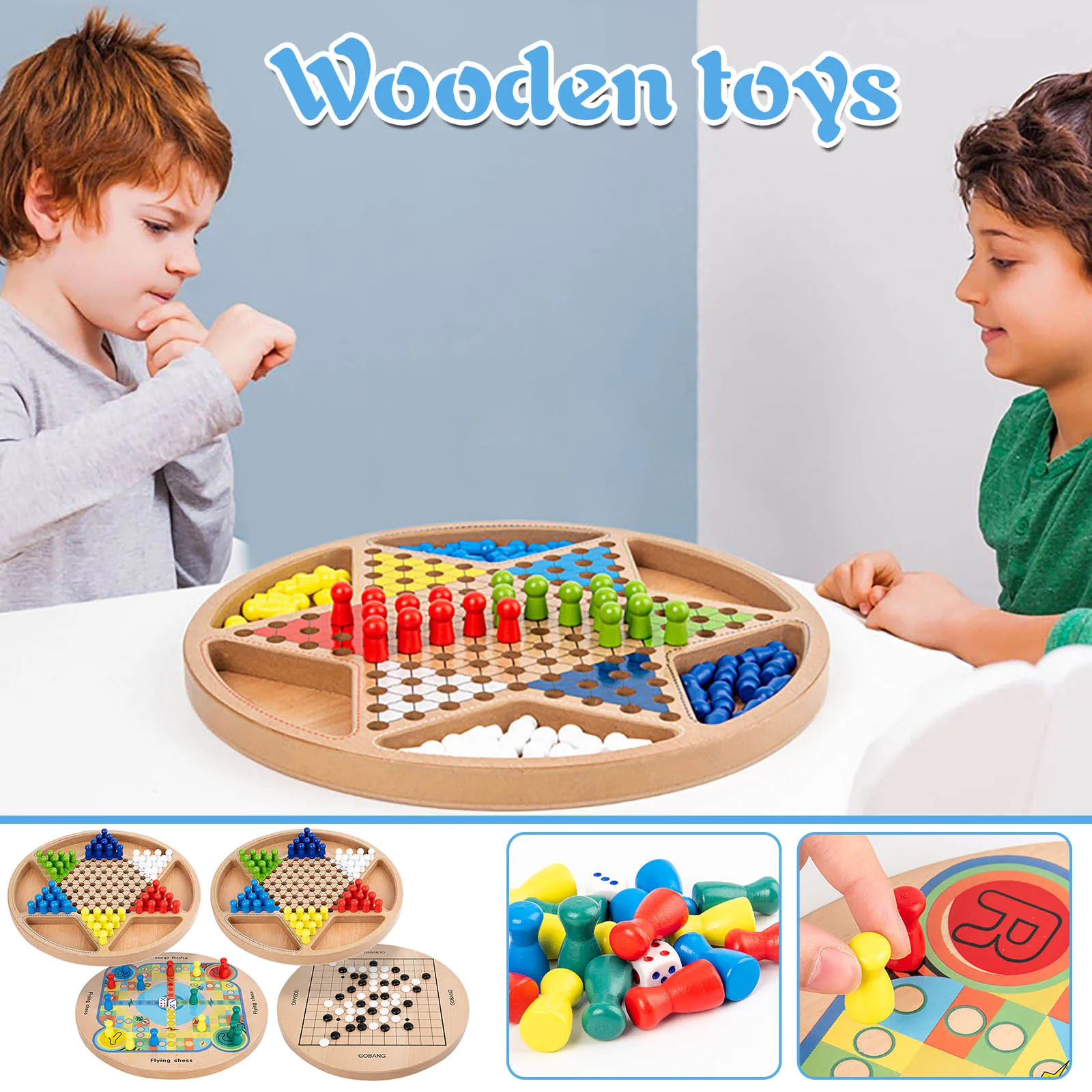 FUN Wooden Game Set 2 in 1 Chinese Checkers Flying Chess for Kids and Adults 