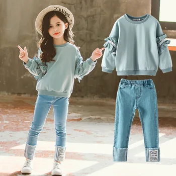

Toddler Girls clothes Spring Long Sleeve Sweaters Tops + Denim Pant Jean Children Suits Little Kids Clothes Sets 3 8 12 years