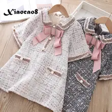 Новинка; Лидер продаж; зимнее шерстяное платье для девочек; детское элегантное платье принцессы с бантом и жемчужными пуговицами для девочек; осенняя одежда с карманами для маленьких девочек