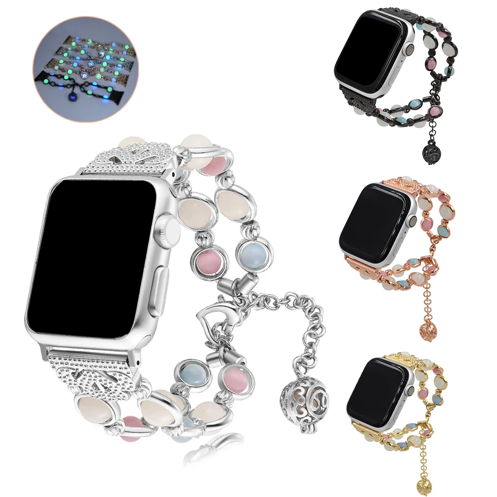 Watch Compatible for Apple Watch Band Women Girl Handmade Night Luminous Pearl  with Bracelet Elastic Bead for iWatch Series