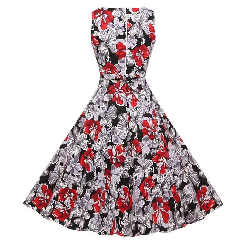 Kostlish Cotton Summer Dress Women 2017 Sleeveless Tunic 50s Vintage Dress Belt Elegant Print Rockabilly Party Dresses Sundress (82)
