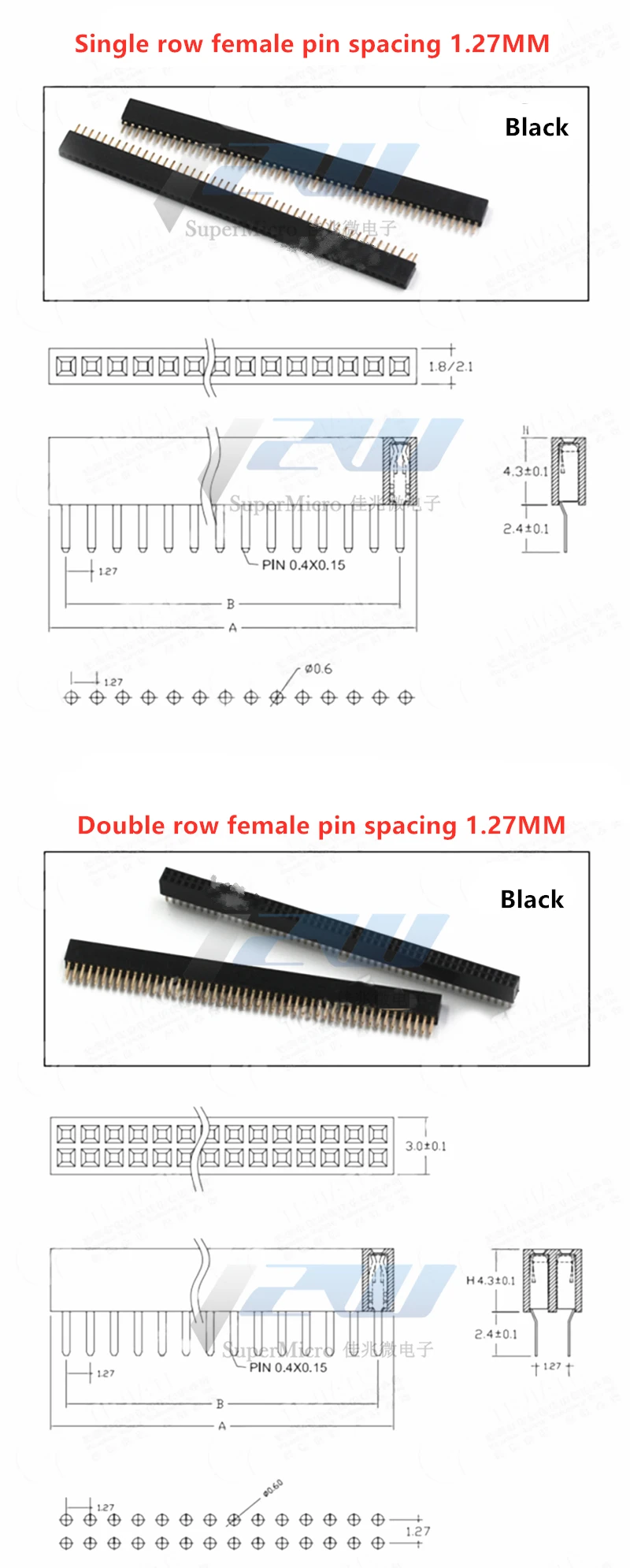 Pitch 1.27mm Female Pin Header (5pcs/lot): Single/Double Row, 1x40P 2x40P, Straight/Curved, Gold Plated Description Image.This Product Can Be Found With The Tag Names Female single row header pins, Pin female header connecto, Pin male header single row, Row straight female pin header