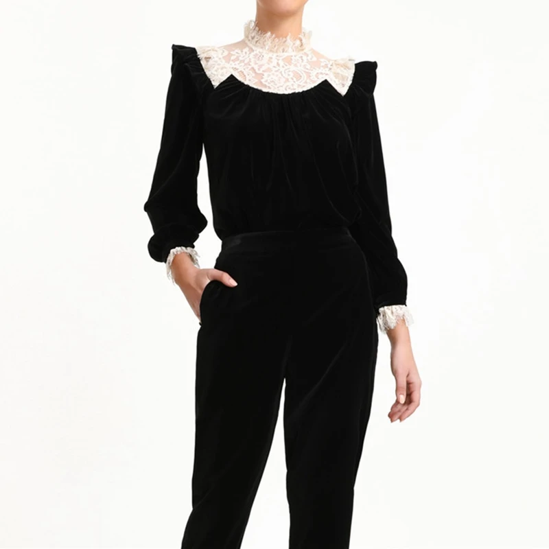 

Women Black Blouses Runway Long Sleeve Velvet Tops 2019 Fall