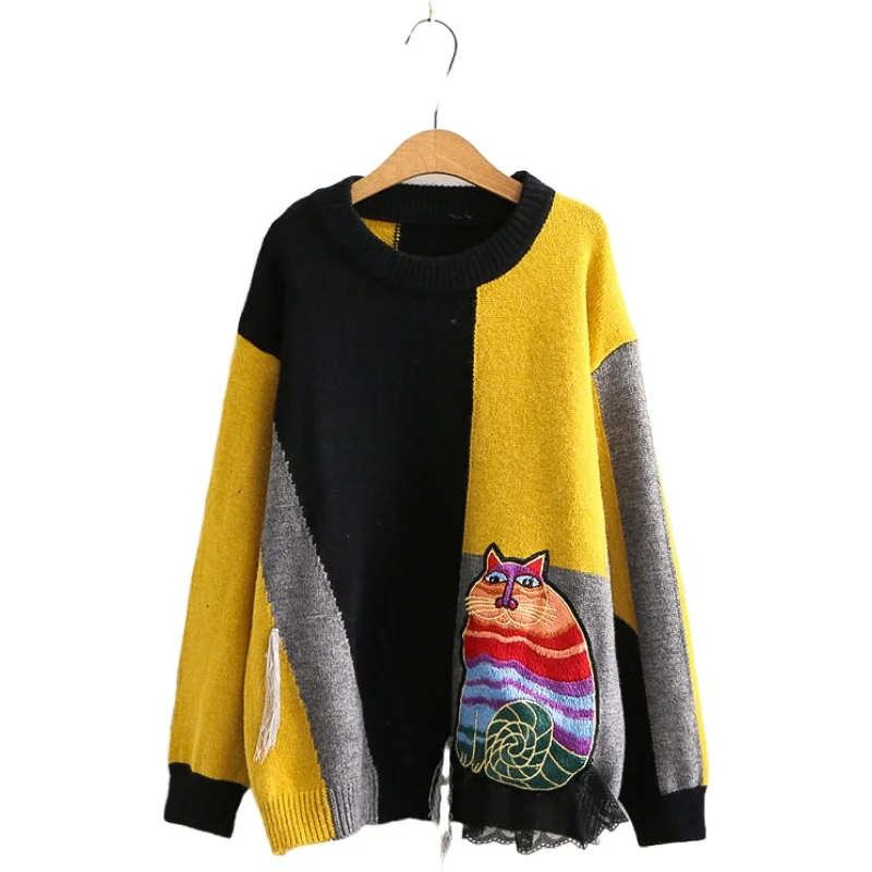 

Women's Hit Color Matching Knitted Sweater Girl Harajuku Knitted Warm Sweet Sweaters Loose Pullover 2010649