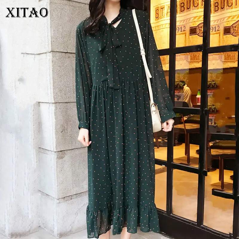 

XITAO 2020 Spring New Women Dress Green Polka Dot Dresses Chiffon Plus Size Long Sleeve Elegant Fashion Women Clothes XJ3972