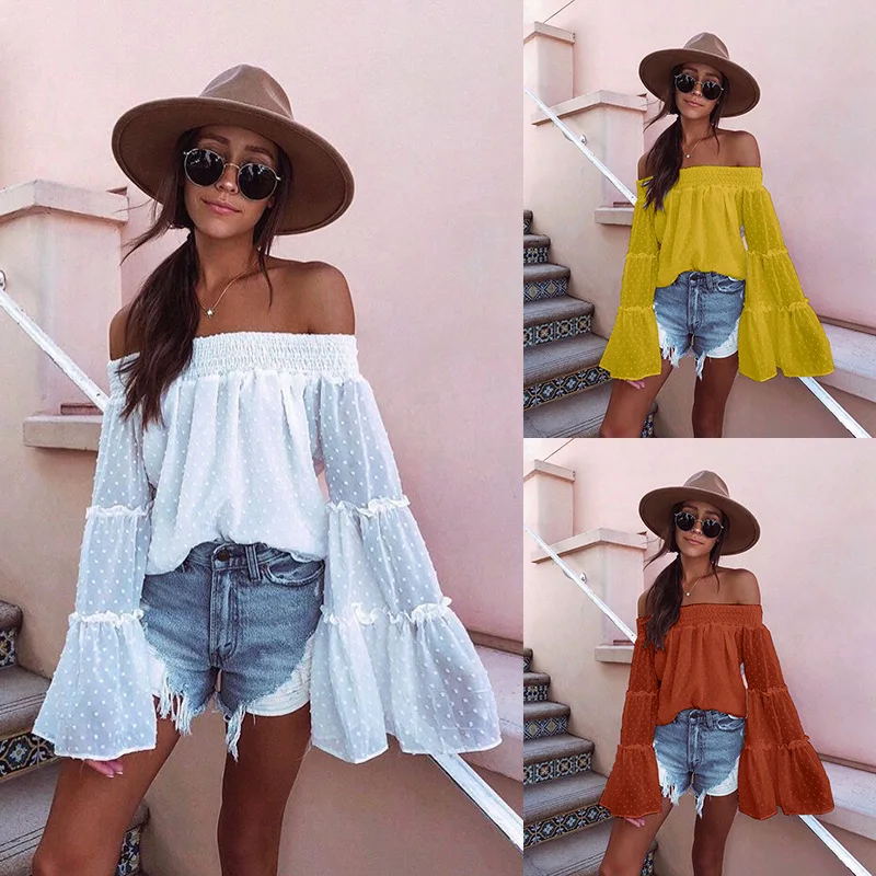 

2019 Sexy Slash Neck Off Shoulder Yellow Red White Flare Sleeve Women Tshirt Summer Tees Sexy Tops