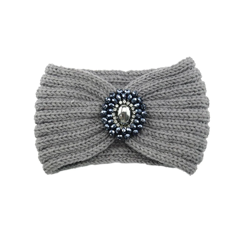 New Women Crystal Flower Headband Crochet Headwrap Casual elastic Hairband Knitting Beanies Turban Winter Knitted Headbands - Цвет: grey