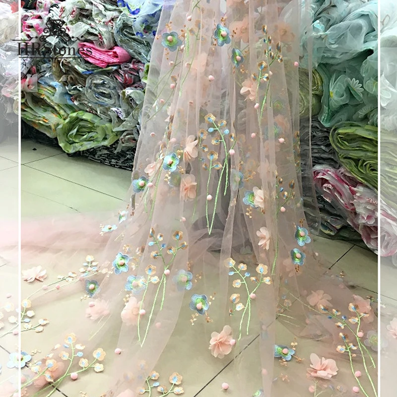 Новая мягкая сетчатая трехмерная вышитая кружевная ткань с бусинами, лепестками цветов, платье, Женская юбка, ткань