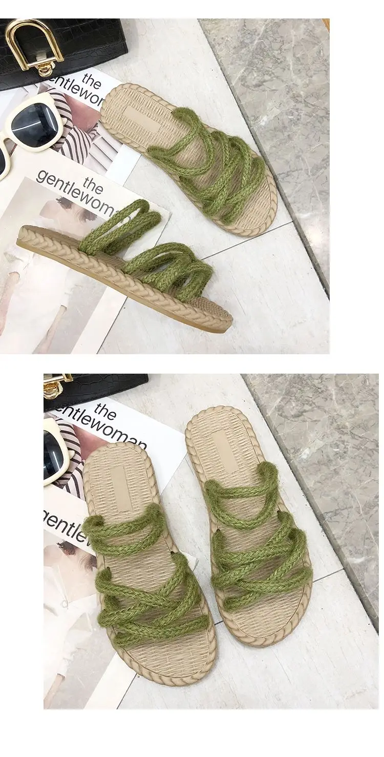Женские босоножки из соломенной пеньковой веревки; Новинка года; повседневные сандалии на плоской подошве; шлепанцы в Корейском стиле; Легкая удобная пляжная обувь