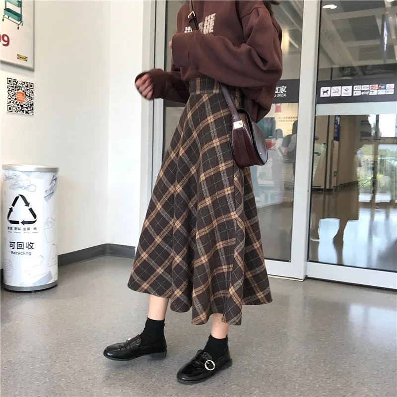 Harajuku Autumn Winter Wool Women Midi Pleated skirt High Waist Plaid ...