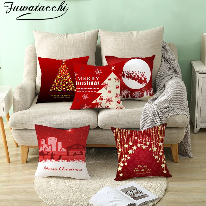 

Fuwatacchi Red Printed Cushion Cover Christmas Gift Decorative Pillow Covers for Home Sofa Polyester Throw Pillowcases 45*45cm