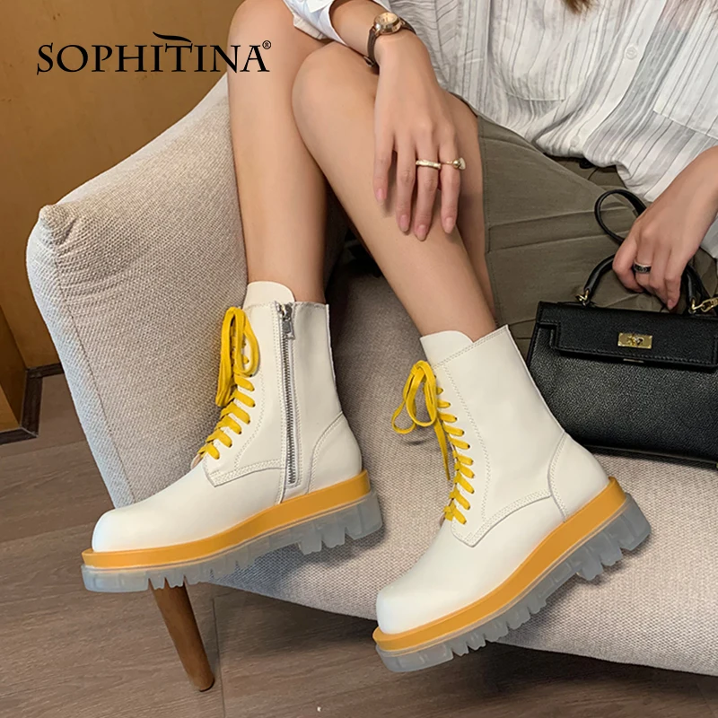

SOPHITINA Women Boots Casual High Quality Leather Handmade Zipper Patchwork Ankle Boots Round Toe Mid Heel Ladies Shoes SO708