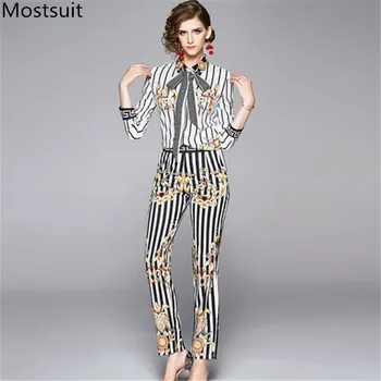 

Runway Fashion Striped Printed 2 Piece Sets Women Bow Shirt + Pencil Pants Suits 2020 Spring Fall Office Vintage 2 Pcs Sets Suit