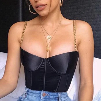 

Women Satin Crop Tank Sexy Bustier Top Backless Zipper Chain Strap Padded Cropped Camis 2020 Summer Female Casual Red Crop Top