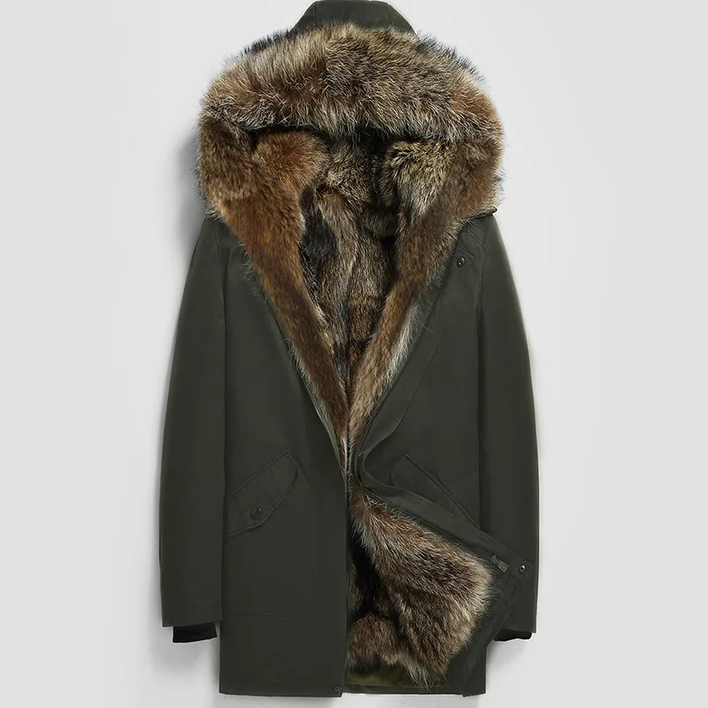 Army Green Пальто с натуральным мехом, Мужская парка, Длинная зимняя куртка, натуральный мех енота, подкладка, теплые роскошные куртки, мужские парки 81716 KJ2442 - Цвет: Army Green