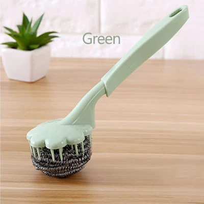 Green Щетка для чистки кухни для чистки нержавеющей стали шар для раковины камин обеззараживание длинной ручкой в форме сливы стальной шар для мытья горшка - Цвет: Green