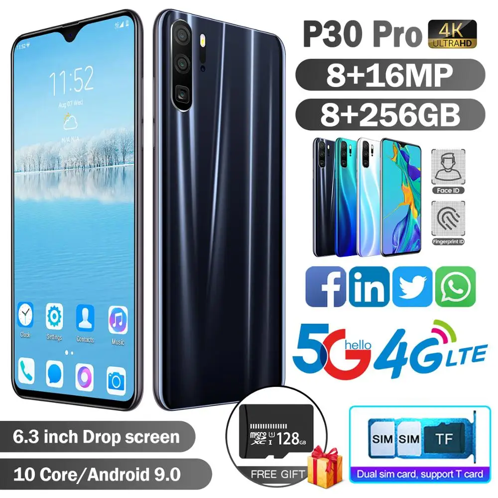US $107.32 Global P30 PRO 8GB ROM 256GB Mobile Phone MTK6797 Deca Core 6310802340 Front Camera 8MP Rear Camera 16MP 4800mAh Smartphone