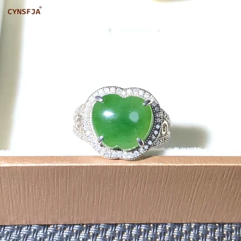 

CYNSFJA Real Certified Natural Hetian Jasper 925 Sterling Silver Amulets Apple Green Jade Ring High Quality Resizable Best Gifts