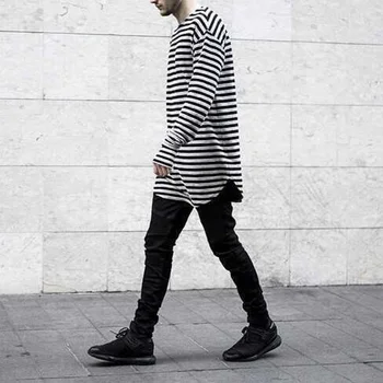 

Men Stripe Longline T-shirt Long Sleeve Thumb Hole Cuff Curved Hem Top Tee Shirt Black Grey Stripes Long T-Shirt 903-A871
