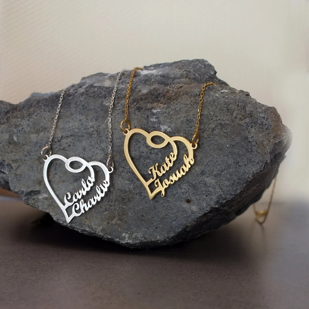 

Romantic Double Heart Necklace Custom Name Necklace Women Personalized Nameplate Pendant Choker Stainless Steel Wedding Gift