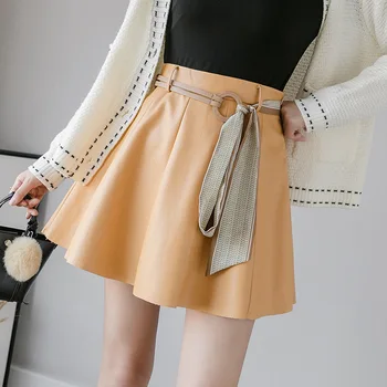 

Spring summer 2020 kawaii high waist Faux Leather leather skirt womens Preppy Style Solid A-Line Above Knee, Mini