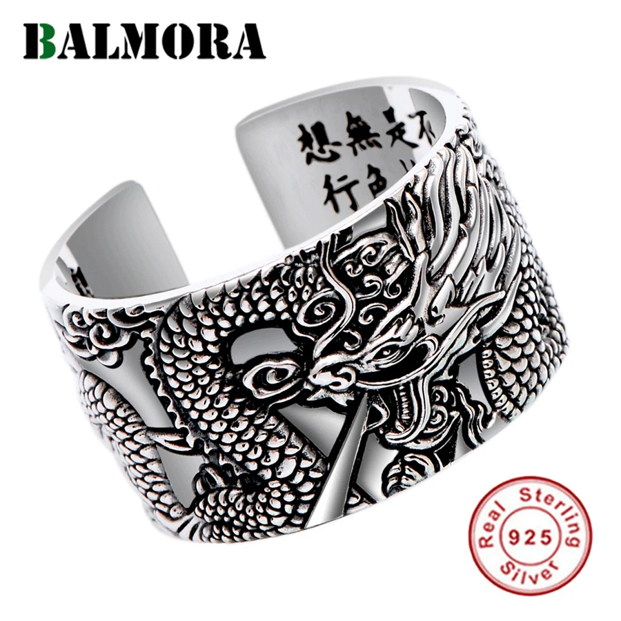 Открытые мужские кольца BALMORA из настоящего чистого серебра 999 пробы с драконом