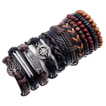 

Fashion Tree of Life Compass Feather Wide Bracelets Set Vintage Weave Leather Beads Charm Wristbands Bangle Hiphop Punk Jewelry