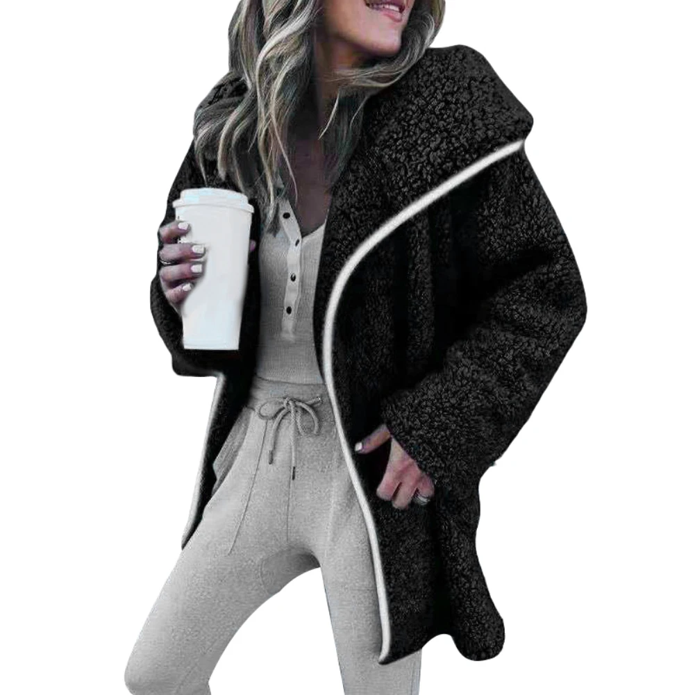 Новая женская верхняя одежда с длинным рукавом и отложным воротником, шерстяное пальто, зимнее женское однотонное плотное флисовое пальто с отворотом