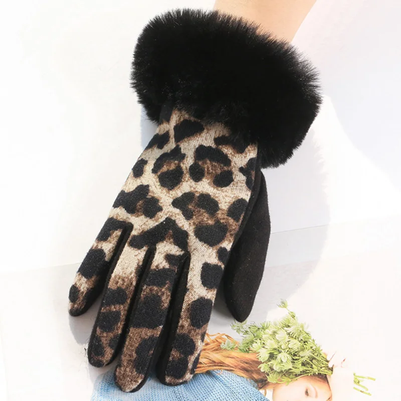 Женские лыжные перчатки с леопардовым принтом, с сенсорным экраном, зимние женские теплые кашемировые перчатки с имитацией кроличьего меха, с манжетами, D69 - Цвет: Khaiki
