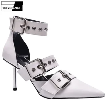 

Elegant Office Female Rivet Sexy Pointed Toe High Heels Buckle Shoes New Real Leather Stiletto Sandals Women Black Luxury Sandal