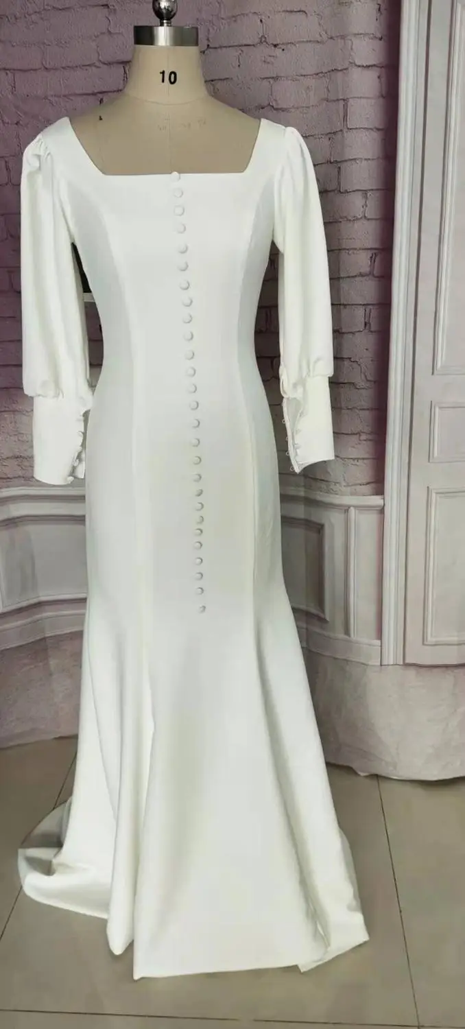 

Elegant Long Scoop Mermaid Wedding Dresses with Sleeve Custom Ivory Satin Floor Length Button Back Bridal Gowns for Women