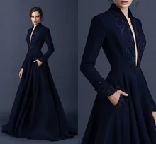 

Navy Blue Satin Prom Dress Applique Lace Custom Made Beaded Formal Party Wear V Neck Princess Dress Woman