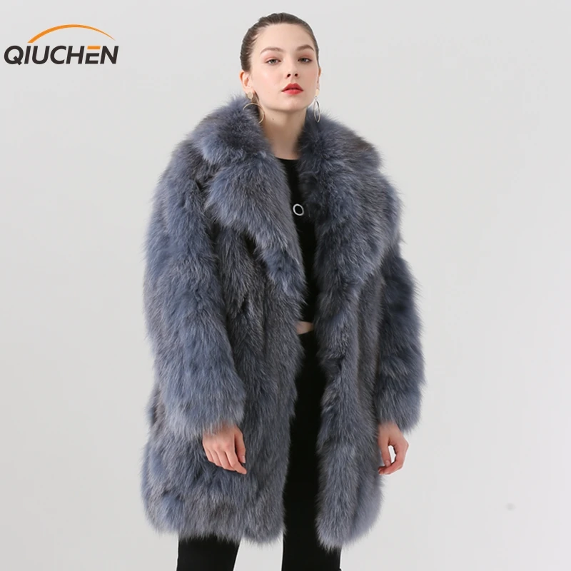 QIUCHEN PJ19047 новое поступление женское длинное пальто из натурального Лисьего меха с натуральной кожей зимнее пальто модная модель