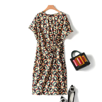 

New Real Cotton Silk Dress Women High Quality Elegant Loose Long Summer Printed Green Plus Size Dress Lady Free Shipping