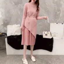 Шикарная осенняя и зимняя одежда стиль Женский вязаный свитер средней длины из двух частей Верхняя одежда с длинным рукавом женское базовое платье