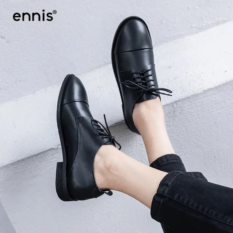 ENNIS/ г. Модная женская повседневная обувь из натуральной кожи осенние туфли-оксфорды на плоской подошве с круглым носком на шнуровке желтого, бежевого, красного, черного цвета C9115